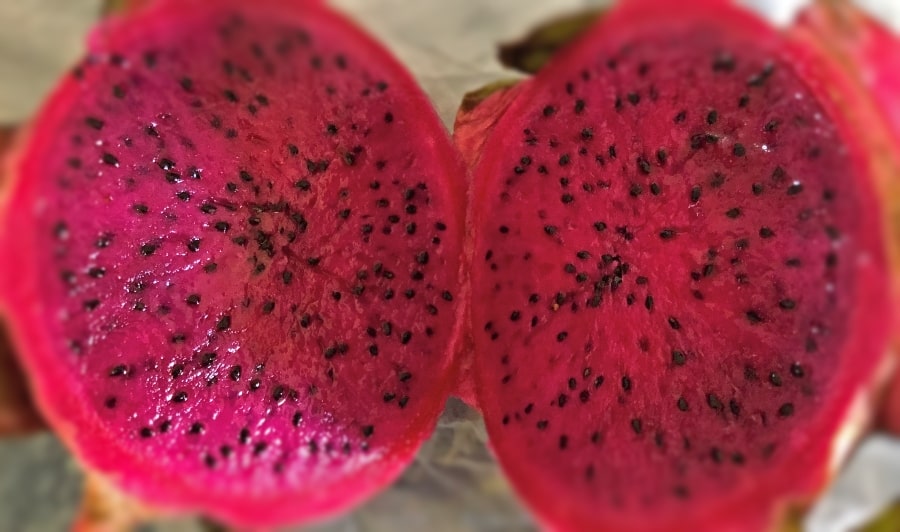 Two halves of a bright pink red dragon fruit.