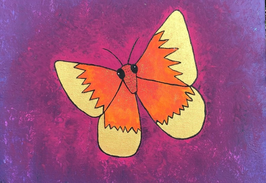 A painted orange butterfly with gold-edged wings and a black outline, against a purple and pink background.